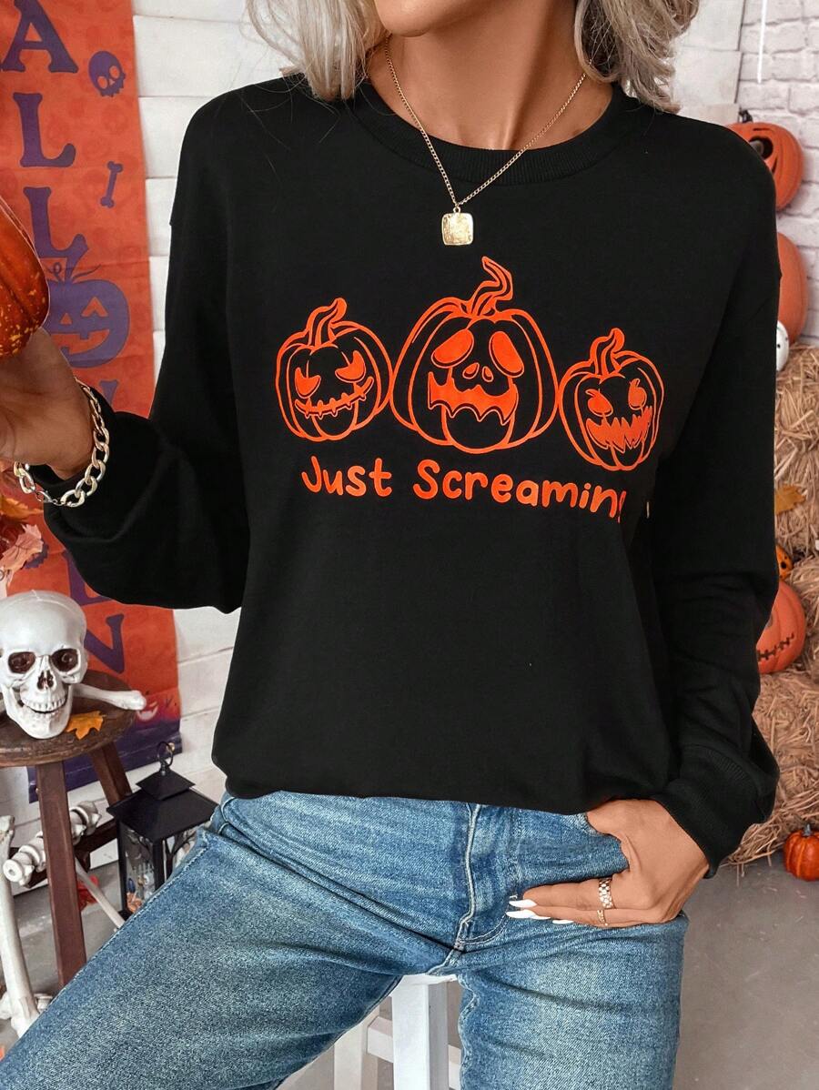 SHEIN LUNE Halloween Print Drop Shoulder Sweatshirt - Black - View 1