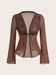 SHEIN ICON 蕾絲拼接前繫帶網紗上衣 - 咖啡棕 - 查看 1