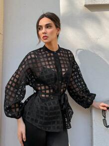 Aloruh Sheer Belted Blouse Without Bra - Black - View 1