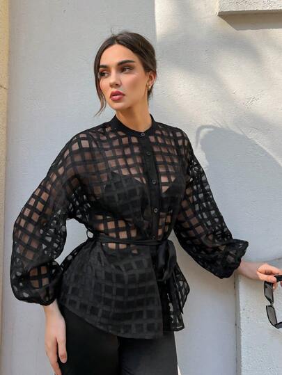 Aloruh Sheer Belted Blouse Without Bra