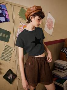 ROMWE Fairycore Star Pattern Crop Knit Top - Dark Grey - View 5