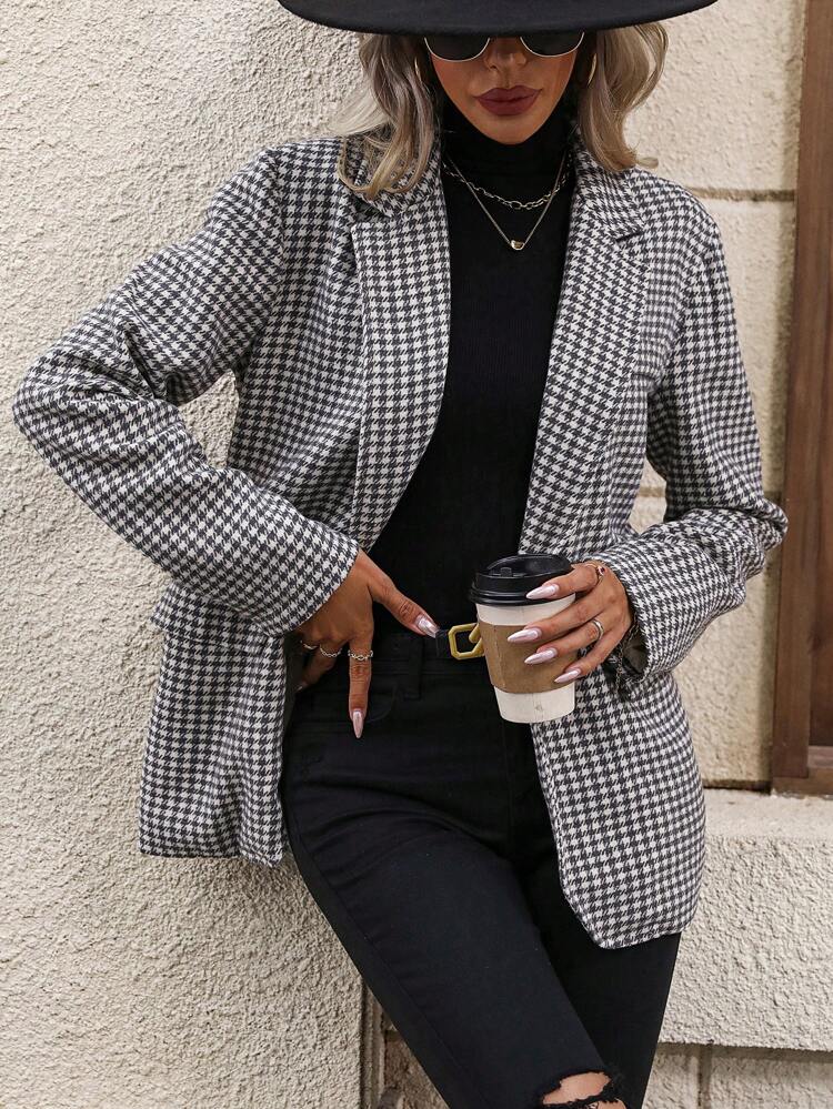 Houndstooth Print Lapel Neck Overcoat