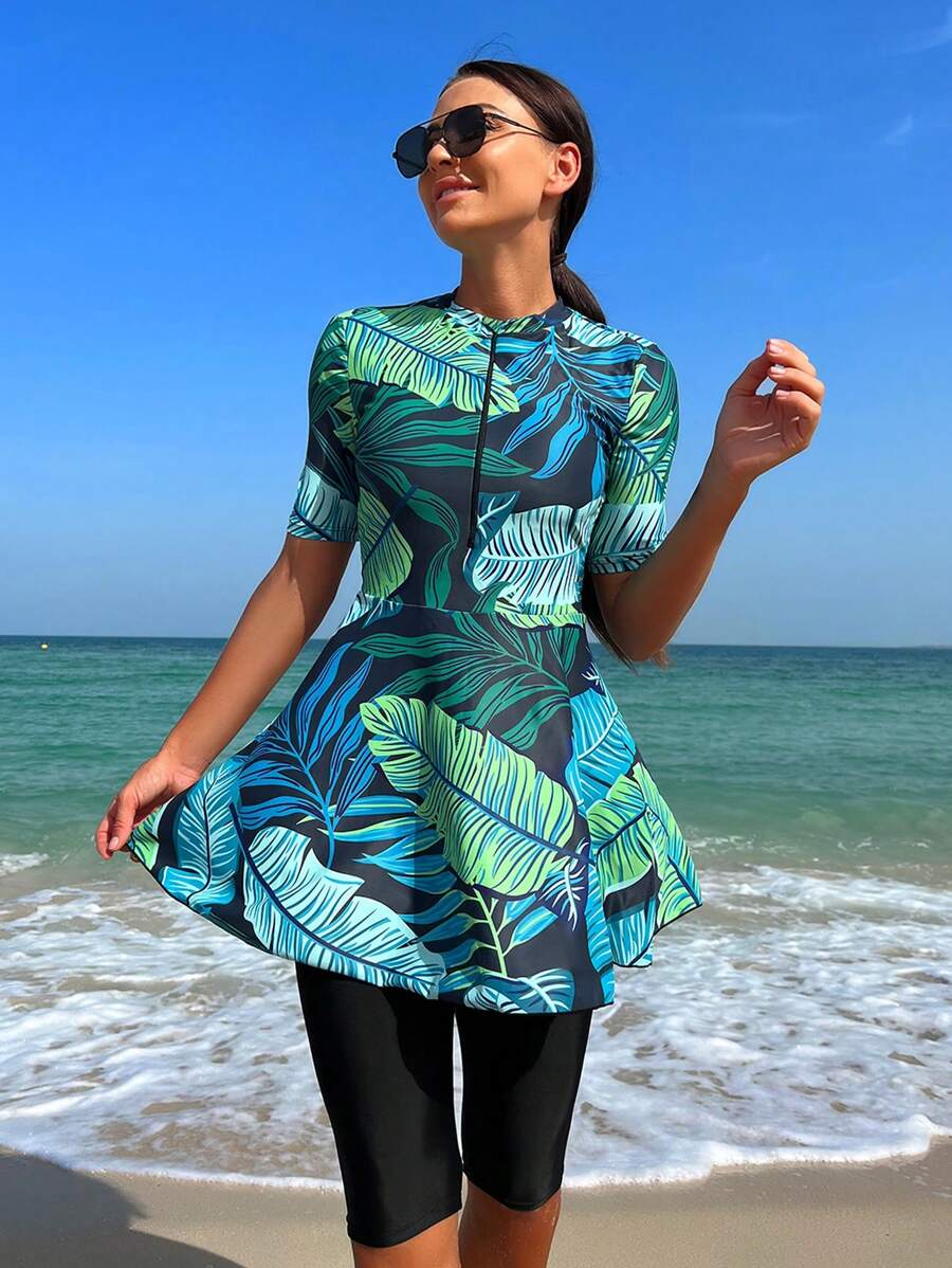 Swim Mulvari Tropical Print Zip Front Burkini With Short Sleeve,Summer BeachArabic Clothing - Multicolor - View 1