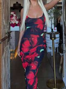 Floral Print Cami Dress - Red - View 1