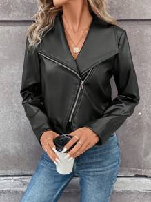 SHEIN Frenchy Cazadora de moto de cuello cascada con cremallera de recubierto