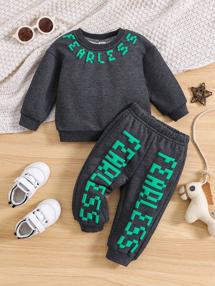Baby Girl Letter Graphic Drop Shoulder Sweatshirt & Sweatpants