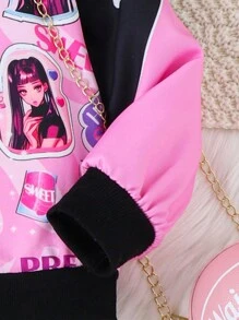 SHEIN Young Girl Letter & Figure Graphic Bomber Jacket Without Tee - Pink - View 4