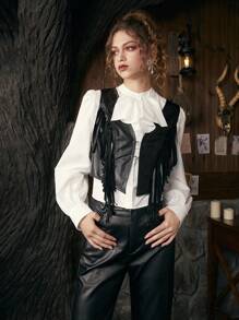 SHEIN SXY 流蘇邊PU皮革夾克背心 - 黑色 - 查看 3