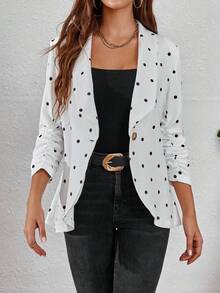 SHEIN Clasi Polka Dot Shawl Collar Single Button Blazer - Black and White - View 4