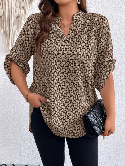 Plus Mixade Mönster Upprullade Ärmar Blusar