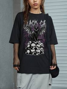 ROMWE Goth Skull & Cat Print Drop Shoulder Tee - Black - View 1