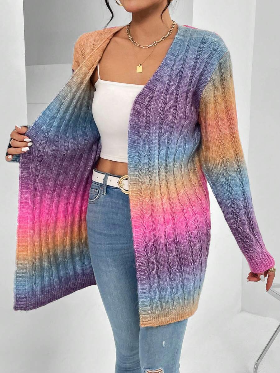 EMERY ROSE Ombre Cable Knit Drop Shoulder Duster Cardigan,Long Sleeve Tops Fall Winter Cloth For Women - Multicolor - View 1