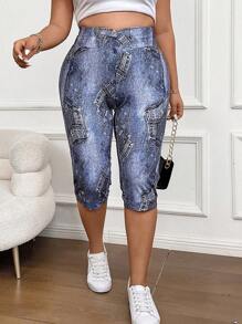 Calvaya 大碼牛仔效果印花高腰緊身打底褲 - 彩色 - 查看 1