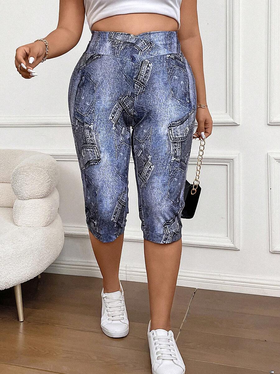 Calvaya 大碼牛仔效果印花高腰緊身打底褲 - 彩色 - 查看 1