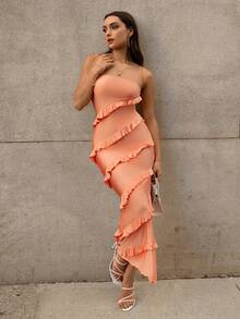 SHEIN Privé Ruffle Trim Asymmetrical Hem Tube Dress - Orange - View 3