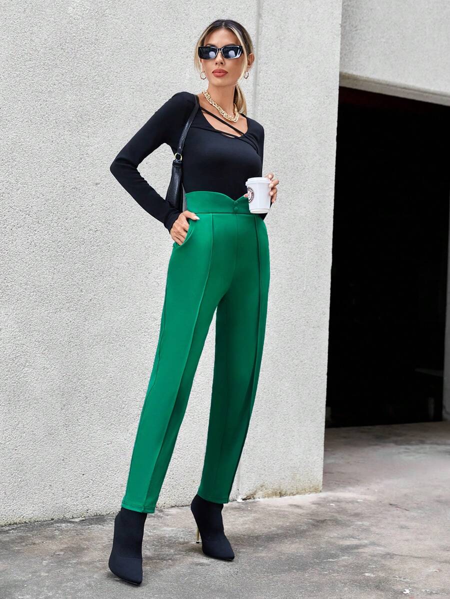 SHEIN Essnce Solid Slant Pocket Suit Pants - Green - View 1