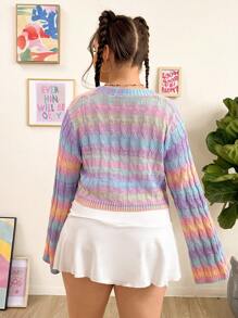 SHEIN EZwear Talla grande Cárdigan de space dye con cordón delantero tejido de cable - Multicolor - Ver 2