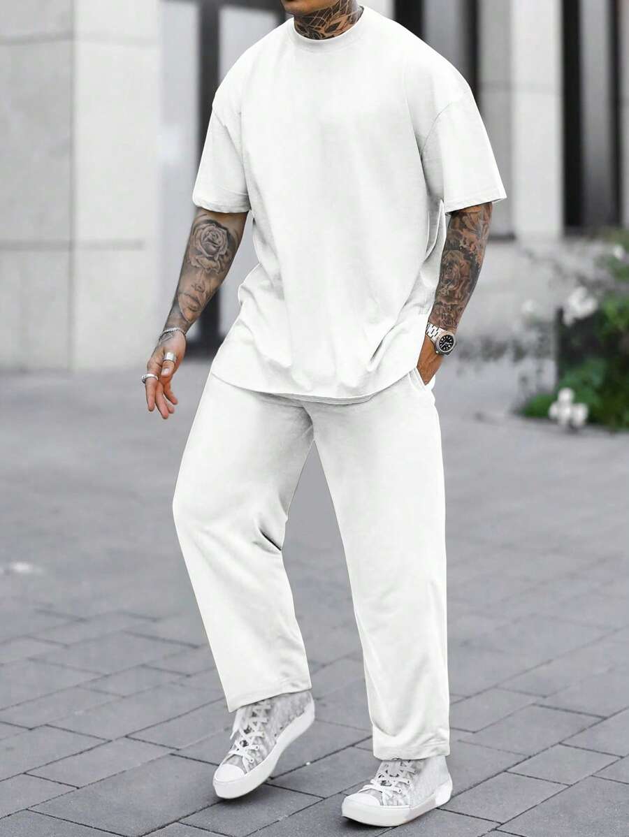 Manfinity Homme 寬鬆款男士純色t恤和彈性束腰褲 - 白色 - 查看 1