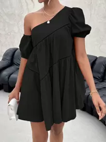 Firerie 素色不對稱領泡泡袖娃娃裙 - 黑色 - 查看 1
