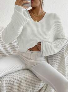 SHEIN Unity V Neck Drop Shoulder Ribbed Knit Sweater - White - View 5