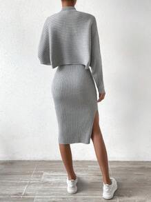 Chiquease Batwing Sleeve Sweater & Ribbed Knit Dress - Light Grey - View 2