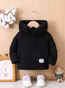 Baby Boy Patch Detail Teddy Hoodie - Black - View 1