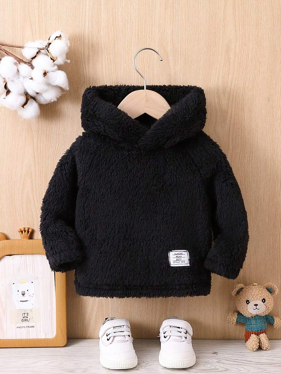 Baby Boy Patch Detail Teddy Hoodie - Black - View 1