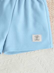 SHEIN 女小童素色頭巾下擺背心上衣&字母貼布短褲