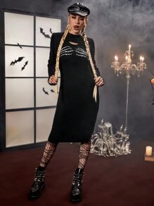 PUNK Vestido de punto Halloween con patrón de esqueleto con abertura de muslo con abertura