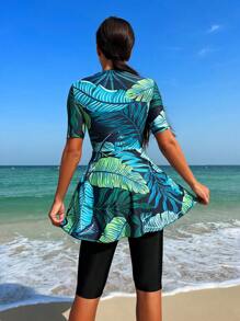 Swim Mulvari Tropical Print Zip Front Burkini With Short Sleeve,Summer BeachArabic Clothing - Multicolor - View 2