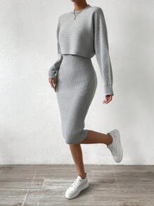 Chiquease Batwing Sleeve Sweater & Ribbed Knit Dress - Light Grey - View 4