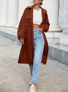 SHEIN Essnce 翻蓋口袋落肩袖絨毛外套 - 棕色 - 查看 1