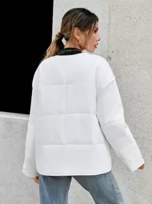 SHEIN Essnce 冬季纯色拉链夹棉大衣 - 白色 - 查看 3