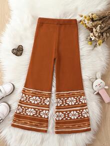 SHEIN 女小童幾何圖案喇叭針織長褲 - 棕色 - 查看 2