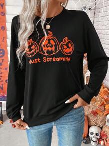 SHEIN LUNE Halloween Print Drop Shoulder Sweatshirt - Black - View 5