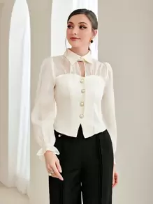 Modelyn 喇叭袖前紐扣襯衫 - 米色 - 查看 3