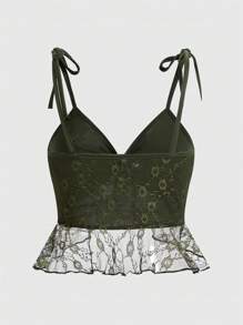ROMWE Fairycore 蕾絲拼接前繫帶吊帶上衣 - 綠色 - 查看 2