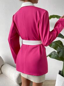 SHEIN Privé 休閒腰帶 前紐扣撞色女士西裝外套 - 玫紅色 - 查看 2