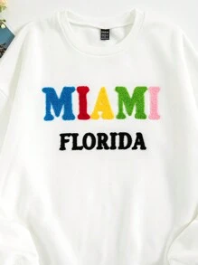 SHEIN Unity Thermal Lined Colorful Letter Flocked Sweatshirt - White - View 3