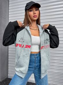 Flirla Capucha con estampado de letra de manga raglán con cordón cremallera