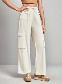In My Nature Flap Pocket Drawstring Waist Outdoor Pants - Beige - View 4