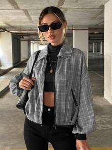 SHEIN Essnce 格紋印花落肩袖拉鏈開襟夾克 - 黑與白 - 查看 4
