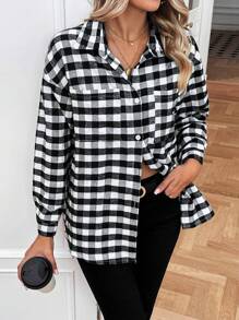 Chiquease Gingham Print Drop Shoulder Button Front Coat - Black and White - View 5