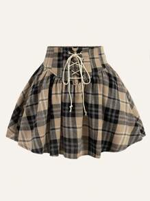 SHEIN EZwear 格紋印花前繫帶喇叭半身裙 - 卡其色 - 查看 1
