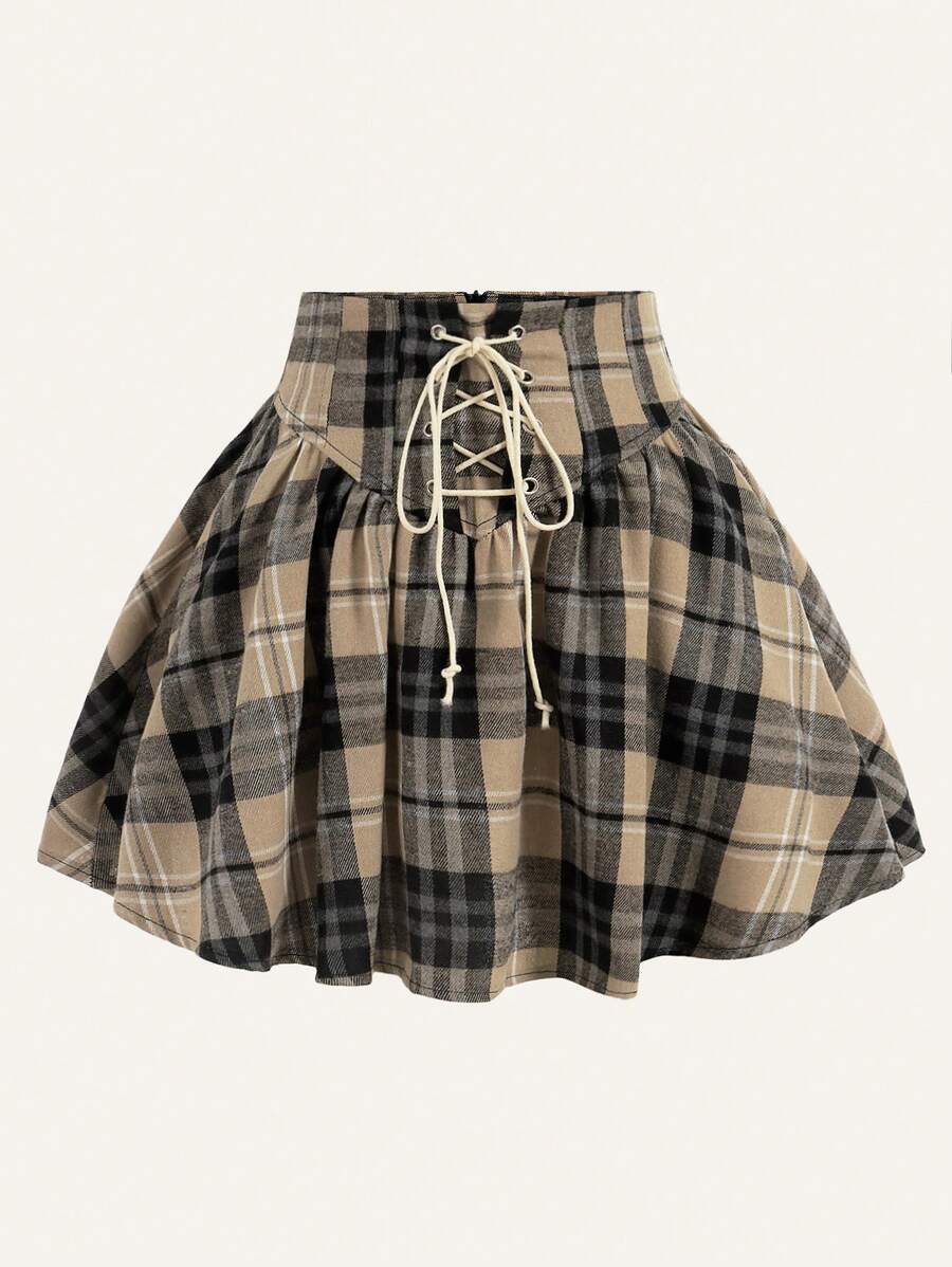 SHEIN EZwear 格紋印花前繫帶喇叭半身裙 - 卡其色 - 查看 1