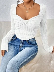 SHEIN Essnce Twist Front Sweetheart Neck Tee - White - View 6