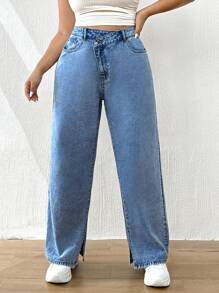 SHEIN EZwear 大碼腰部交疊下擺開叉闊腿牛仔褲 - 中等水洗藍 - 查看 4