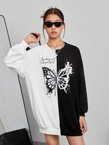 Teen Girl Butterfly Print Two Tone Drop Shoulder Sweatshirt Dress - Black and White - View 6