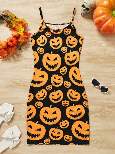 Teen Girl Halloween Pumpkin Print Cami Dress