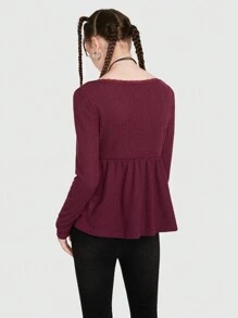 ROMWE Scoop Neck Peplum Hem Tee - Burgundy - View 10